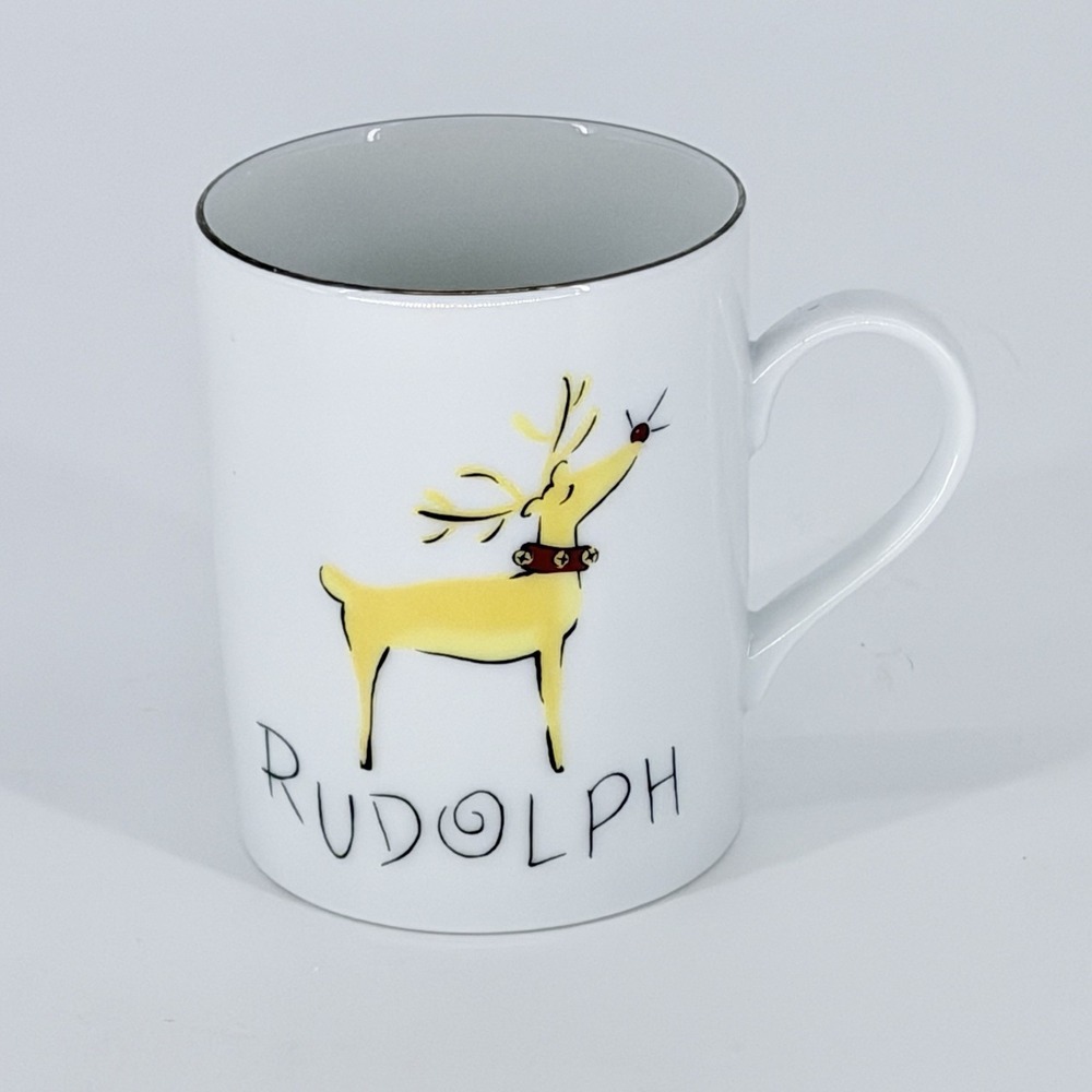 Pottery Barn Rudolph Reindeer Mug White Gold Rim Made in Japan